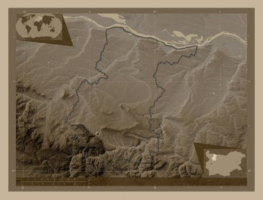 Vratsa, Bulgaristan ili. Yükseklik haritası sepya tonlarında göller ve nehirlerle renklendirilmiş. Köşedeki yedek konum haritaları