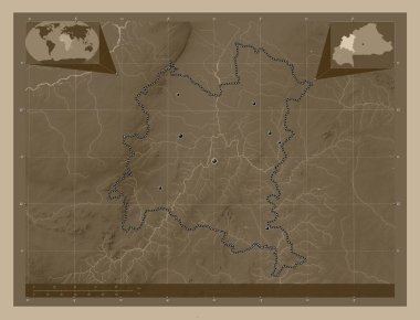 Boucle du Mouhoun, Burkina Faso bölgesi. Yükseklik haritası sepya tonlarında göller ve nehirlerle renklendirilmiş. Bölgenin büyük şehirlerinin yerleri. Köşedeki yedek konum haritaları