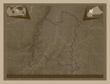 Boucle du Mouhoun, Burkina Faso bölgesi. Yükseklik haritası sepya tonlarında göller ve nehirlerle renklendirilmiş. Köşedeki yedek konum haritaları