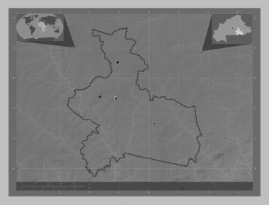 Merkez, Burkina Faso bölgesi. Gölleri ve nehirleri olan gri tonlama yükseklik haritası. Bölgenin büyük şehirlerinin yerleri. Köşedeki yedek konum haritaları