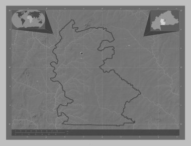 Merkez-Ouest, Burkina Faso bölgesi. Gölleri ve nehirleri olan gri tonlama yükseklik haritası. Köşedeki yedek konum haritaları
