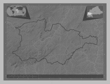 Hauts-Bassins, Burkina Faso bölgesi. Gölleri ve nehirleri olan gri tonlama yükseklik haritası. Köşedeki yedek konum haritaları