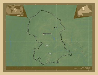 Nord, Burkina Faso bölgesi. Gölleri ve nehirleri olan renkli yükseklik haritası. Bölgenin büyük şehirlerinin yerleri ve isimleri. Köşedeki yedek konum haritaları
