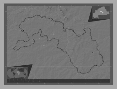 Plato-Merkez, Burkina Faso bölgesi. Göllü ve nehirli çift katlı yükseklik haritası. Bölgenin büyük şehirlerinin yerleri. Köşedeki yedek konum haritaları
