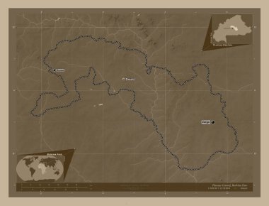 Plato-Merkez, Burkina Faso bölgesi. Yükseklik haritası sepya tonlarında göller ve nehirlerle renklendirilmiş. Bölgenin büyük şehirlerinin yerleri ve isimleri. Köşedeki yedek konum haritaları