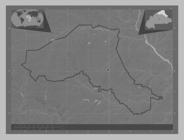 Sahel, Burkina Faso bölgesi. Gölleri ve nehirleri olan gri tonlama yükseklik haritası. Köşedeki yedek konum haritaları