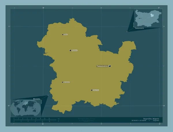 ブルガリア共和国のタルゴヴィシテ州 しっかりした色の形 地域の主要都市の位置と名前 コーナー補助位置図 — ストック写真
