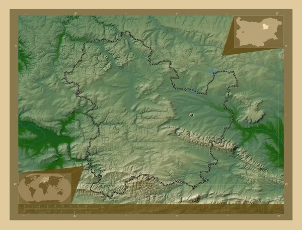 保加利亚省Targovishte 有湖泊和河流的彩色高程图 角辅助位置图 — 图库照片