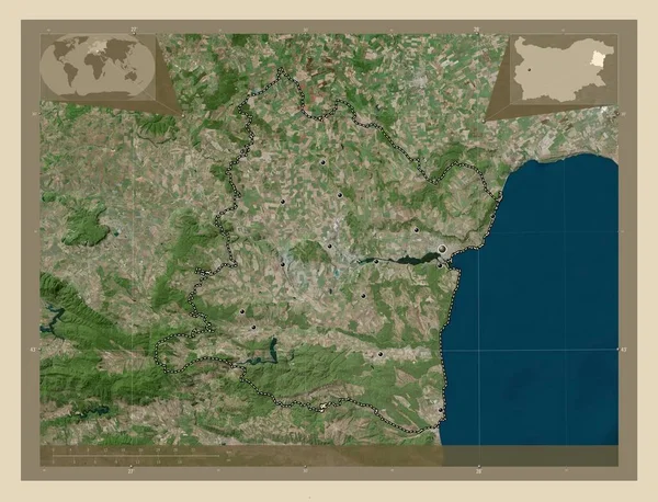 ブルガリアの州 ヴァルナ 高解像度衛星地図 地域の主要都市の場所 コーナー補助位置図 — ストック写真