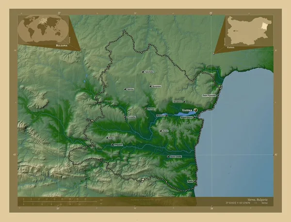 Varna Provinsen Bulgarien Färgade Höjd Karta Med Sjöar Och Floder — Stockfoto