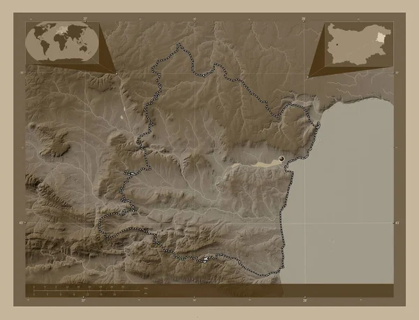 Варна Провинция Болгарии Карта Высоты Окрашенная Сепиевые Тона Озерами Реками — стоковое фото
