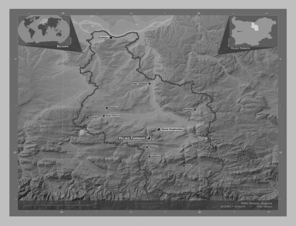 Veliko Tarnovo Provincia Bulgaria Mappa Elevazione Scala Grigi Con Laghi — Foto Stock