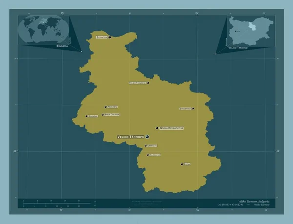 ブルガリア共和国のヴェリコ タルノヴォ州 しっかりした色の形 地域の主要都市の位置と名前 コーナー補助位置図 — ストック写真