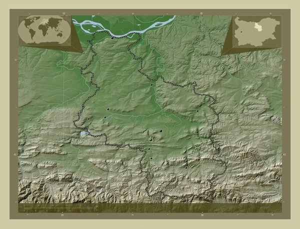 Veliko Tarnovo 保加利亚省 用Wiki风格绘制的带有湖泊和河流的高程地图 该区域主要城市的所在地点 角辅助位置图 — 图库照片