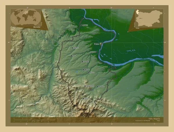 Widin Prowincja Bułgarii Kolorowa Mapa Wzniesień Jeziorami Rzekami Lokalizacje Nazwy — Zdjęcie stockowe