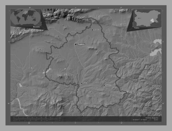 ブルガリア共和国のヤモール県 湖や川と二階の標高マップ 地域の主要都市の位置と名前 コーナー補助位置図 — ストック写真