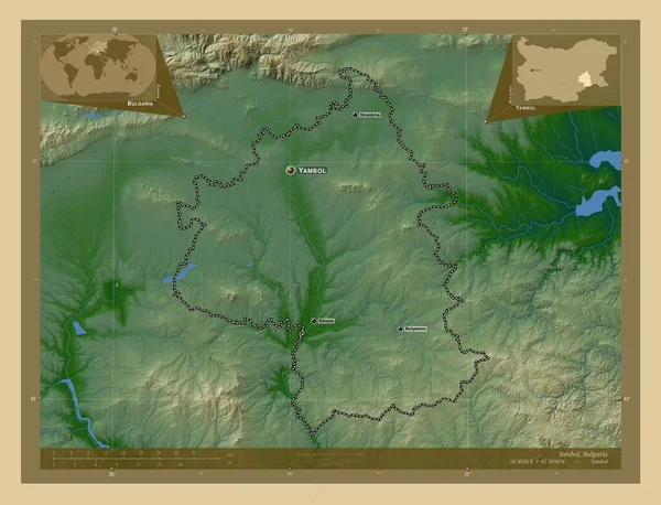 Yambol Província Bulgária Mapa Elevação Colorido Com Lagos Rios Locais — Fotografia de Stock