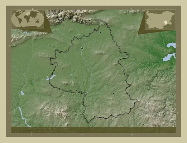 ブルガリア共和国のヤモール県 湖や川とWikiスタイルで着色された標高マップ 地域の主要都市の場所 コーナー補助位置図 — ストック写真