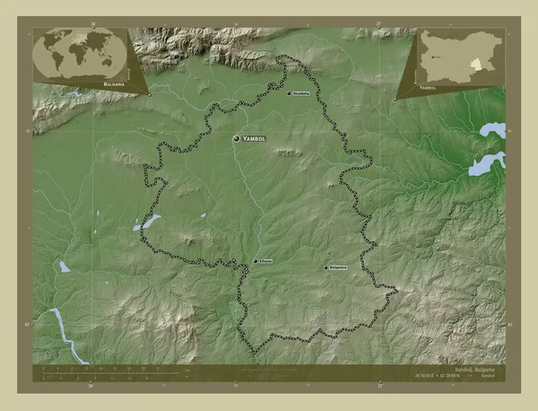 Yambol Provincie Bulharsko Zdvihová Mapa Zbarvená Stylu Wiki Jezery Řekami — Stock fotografie