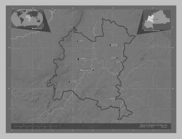 Boucle Mouhoun 布基纳法索地区 带有湖泊和河流的灰度高程图 该区域主要城市的地点和名称 角辅助位置图 — 图库照片