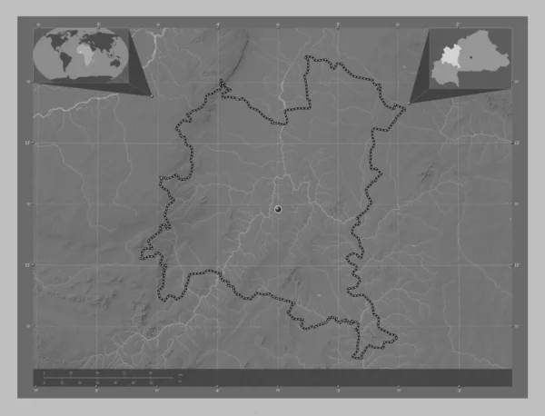 ブルキナファソの地域 ブール ムーン 湖や川とグレースケールの標高マップ コーナー補助位置図 — ストック写真