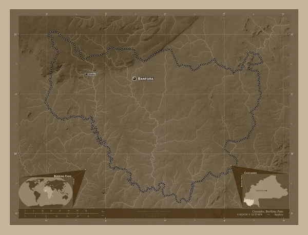 Cascadas Región Burkina Faso Mapa Elevación Coloreado Tonos Sepia Con —  Fotos de Stock