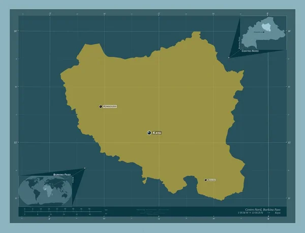 布基纳法索地区 固体的颜色形状 该区域主要城市的地点和名称 角辅助位置图 — 图库照片