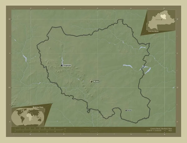 布基纳法索地区 用Wiki风格绘制的带有湖泊和河流的高程地图 该区域主要城市的地点和名称 角辅助位置图 — 图库照片