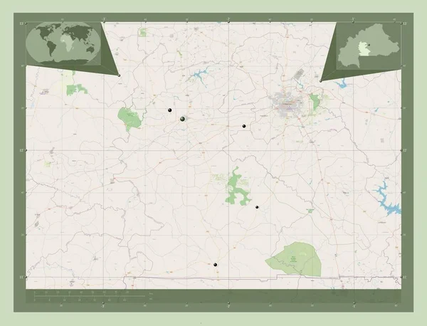 布基纳法索地区 开放街道地图 该区域主要城市的所在地点 角辅助位置图 — 图库照片