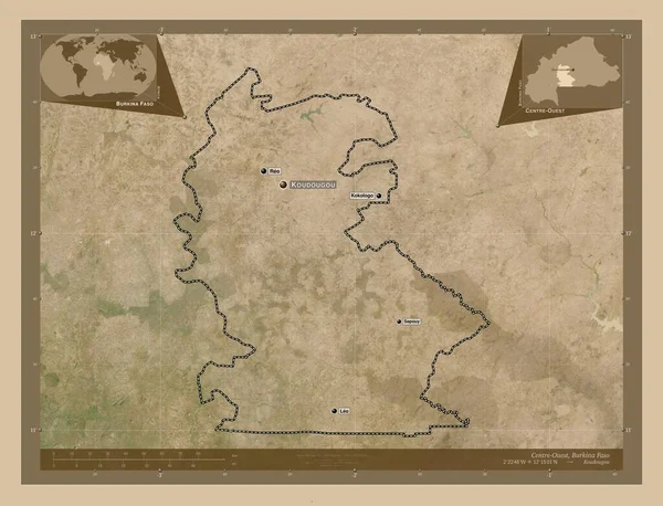ブルキナファソの中心部 低解像度衛星地図 地域の主要都市の位置と名前 コーナー補助位置図 — ストック写真