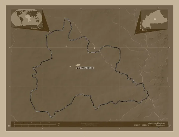 ブルキナファソの地域センター 湖や川とセピアトーンで着色された標高マップ 地域の主要都市の位置と名前 コーナー補助位置図 — ストック写真