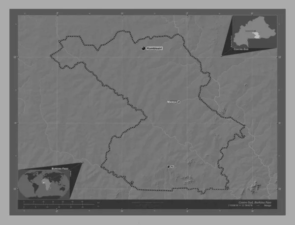 ブルキナファソの中心部に位置する 湖や川と二階の標高マップ 地域の主要都市の位置と名前 コーナー補助位置図 — ストック写真