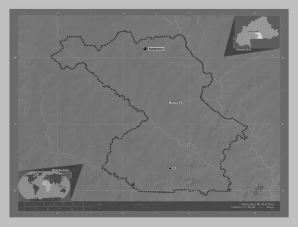 Centre Sud Region Burkina Faso Mapa Wzniesień Skali Szarości Jeziorami — Zdjęcie stockowe