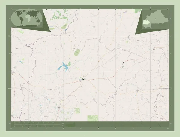 布基纳法索地区上巴萨斯省 开放街道地图 该区域主要城市的所在地点 角辅助位置图 — 图库照片