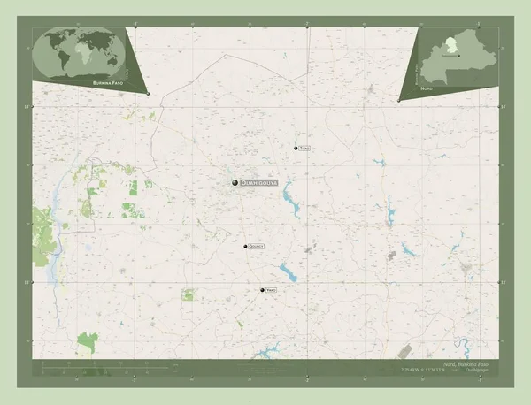 ブルキナファソの地域 ストリートマップを開く 地域の主要都市の位置と名前 コーナー補助位置図 — ストック写真