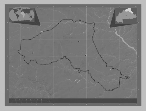 布基纳法索萨赫勒地区 带有湖泊和河流的灰度高程图 该区域主要城市的所在地点 角辅助位置图 — 图库照片