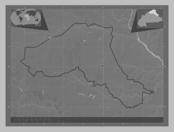 Sahel Region Burkina Faso Grayscale Elevation Map Lakes Rivers Corner — Stock Photo, Image