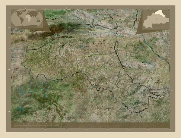 ブルキナファソのサヘル地域 高解像度衛星地図 地域の主要都市の場所 コーナー補助位置図 — ストック写真