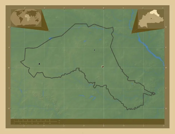 ブルキナファソのサヘル地域 湖や川と色の標高マップ 地域の主要都市の場所 コーナー補助位置図 — ストック写真