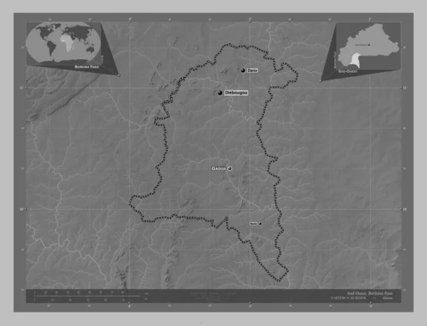 ブルキナファソの地域のSud Outest 湖や川とグレースケールの標高マップ 地域の主要都市の位置と名前 コーナー補助位置図 — ストック写真