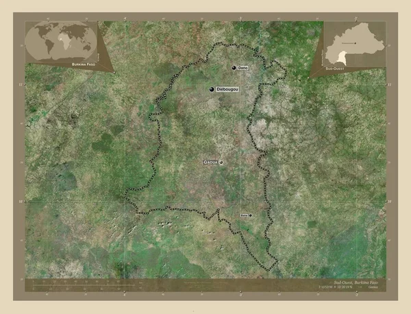 ブルキナファソの地域のSud Outest 高解像度衛星地図 地域の主要都市の位置と名前 コーナー補助位置図 — ストック写真