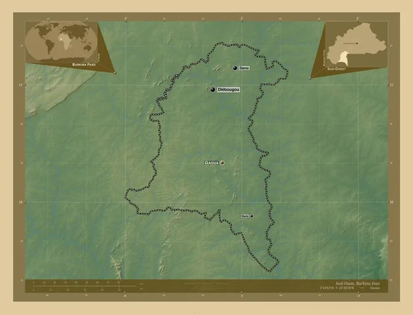 布基纳法索西南部地区Sud West Region Burkina Faso 有湖泊和河流的彩色高程图 该区域主要城市的地点和名称 角辅助位置图 — 图库照片