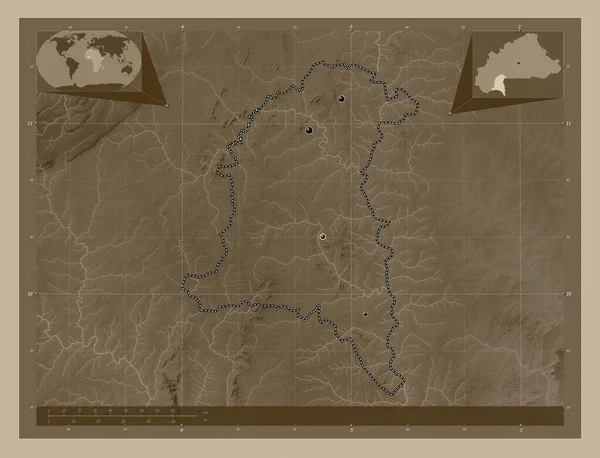 부키나 지역의 지역입니다 세피아 색으로 지도는 호수와 강으로 울려퍼진다 지역의 — 스톡 사진