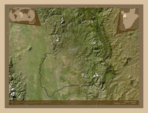 ブバンザ ブルンジの州 低解像度衛星地図 地域の主要都市の位置と名前 コーナー補助位置図 — ストック写真