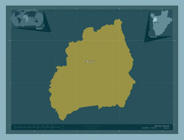 ブバンザ ブルンジの州 しっかりした色の形 地域の主要都市の位置と名前 コーナー補助位置図 — ストック写真