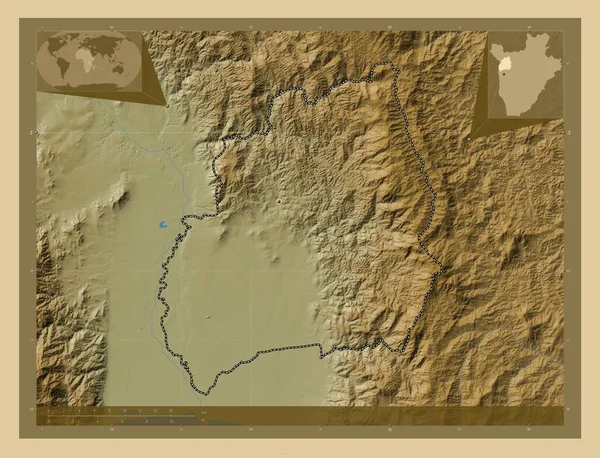 ブバンザ ブルンジの州 湖や川と色の標高マップ コーナー補助位置図 — ストック写真