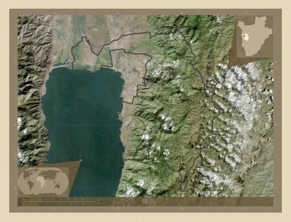 ブルンジ共和国のブジュムバラ地方 高解像度衛星地図 地域の主要都市の場所 コーナー補助位置図 — ストック写真