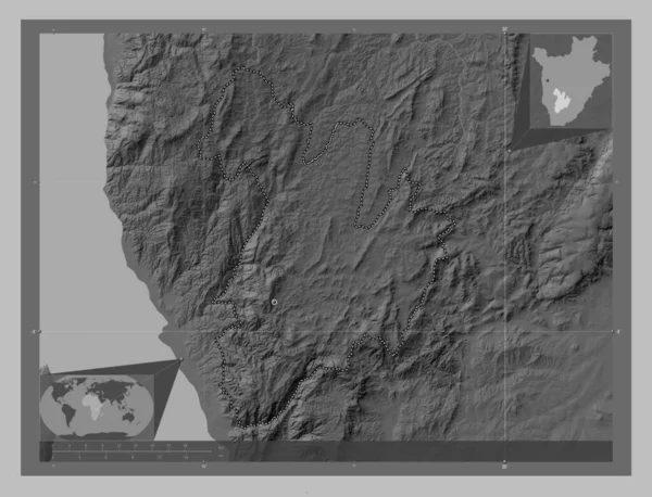 Bururi Province Burundi Grayscale Elevation Map Lakes Rivers Corner Auxiliary — Stock Photo, Image