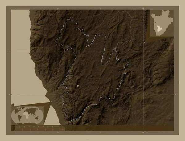 布隆迪的布鲁里省 高程图 用深紫色调涂上湖泊和河流 该区域主要城市的所在地点 角辅助位置图 — 图库照片