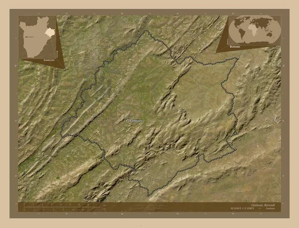 ブルンジ共和国のカンクゾ県 低解像度衛星地図 地域の主要都市の位置と名前 コーナー補助位置図 — ストック写真